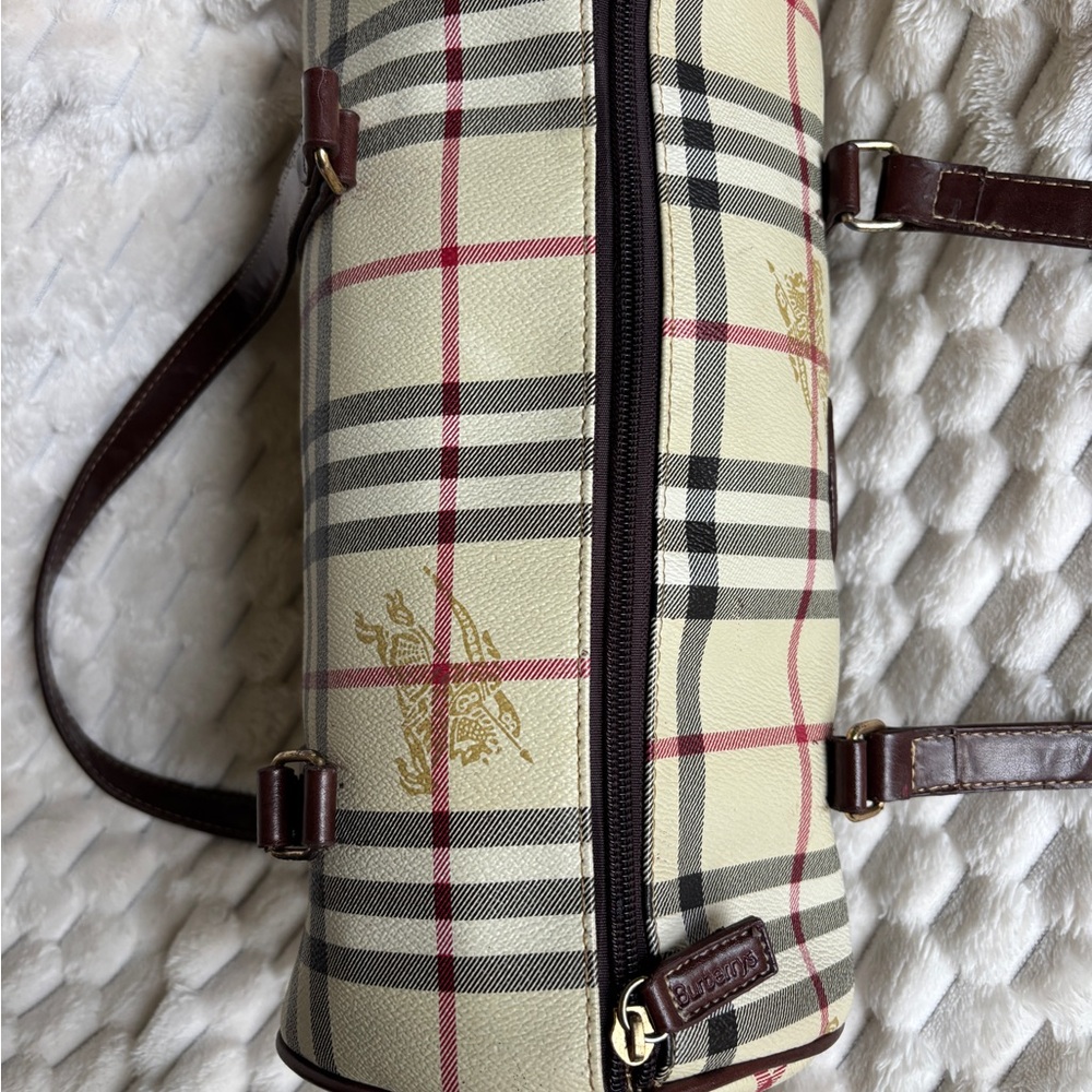 Vintage Burberrys Nova Check Barrel Bag Beige Tan Leather Equestrian Logo - Picture 11 of 14